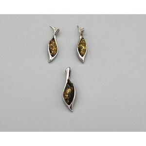 Sterling Silver 925 Amber Earrings & Pendant Set